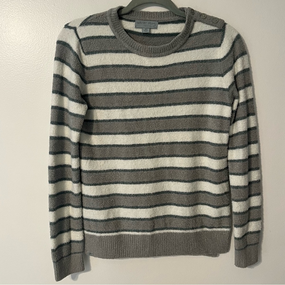 Barefoot Dreams Cozy Chic Lite Pullover Sweater Size XS Ocean Gray Lurex Stripe